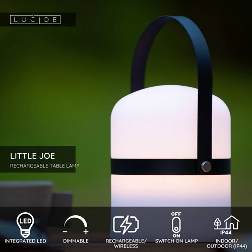 Lucide LITTLE JOE - Rechargeable Table lamp Indoor/Outdoor - Battery pack - Ø 10 cm - LED Dim. - 1x0,3W 3000K - IP44 - Black - USP